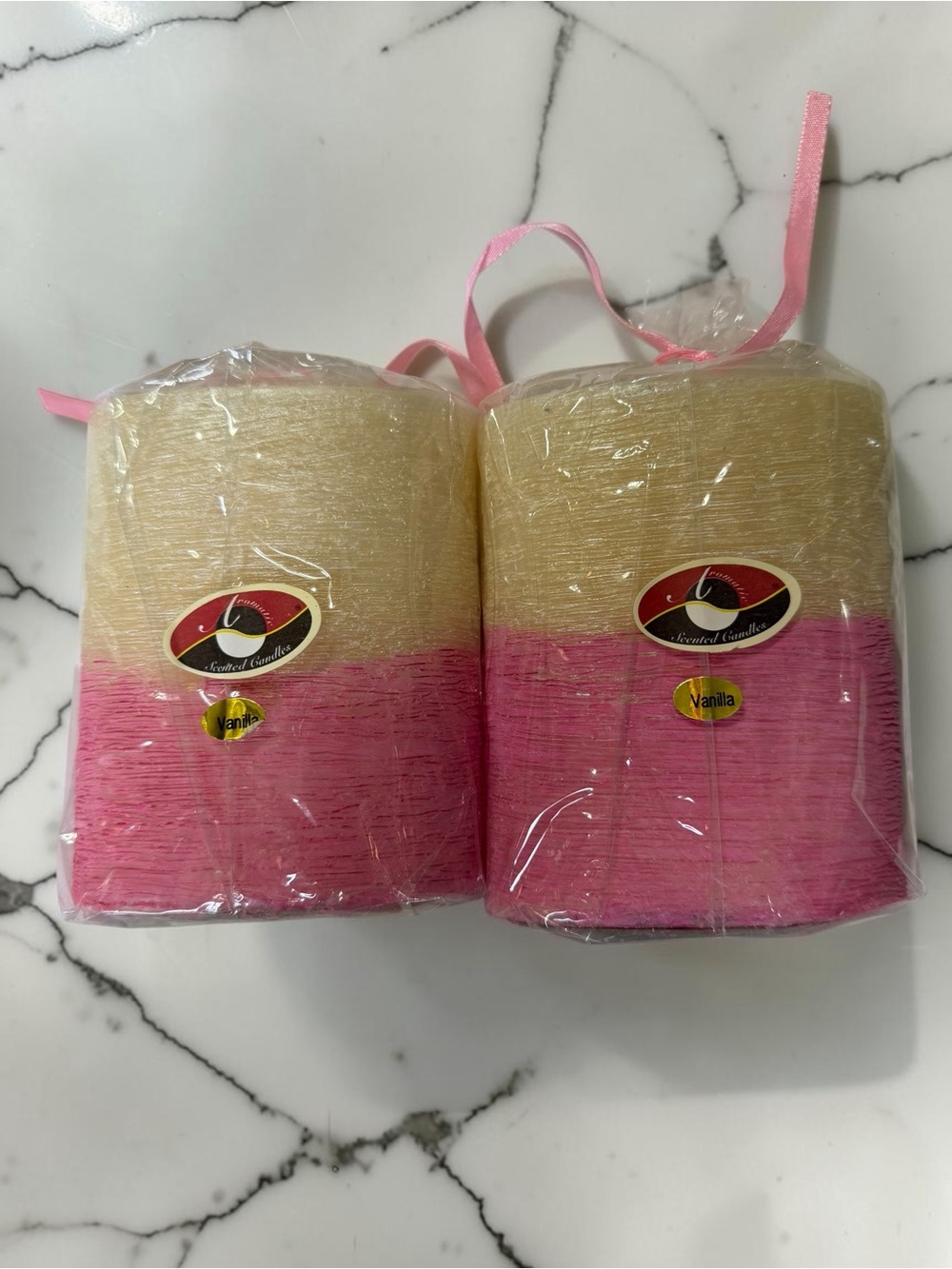 New Sealed Set of 2 Vanilla Pillar Candles Pink Cream Ombre Shabby Chic